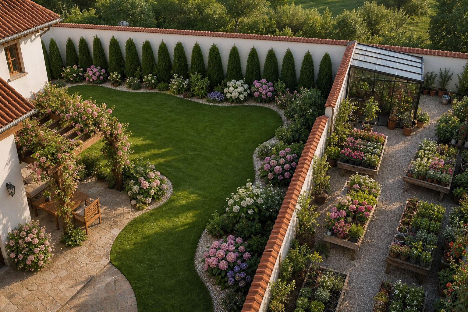 Vedere de sus a unei curți amenajate Sara's Gardens, cu zid alb cu coamă din olane despărțind grădina proiectată de zona de magazin cu plante