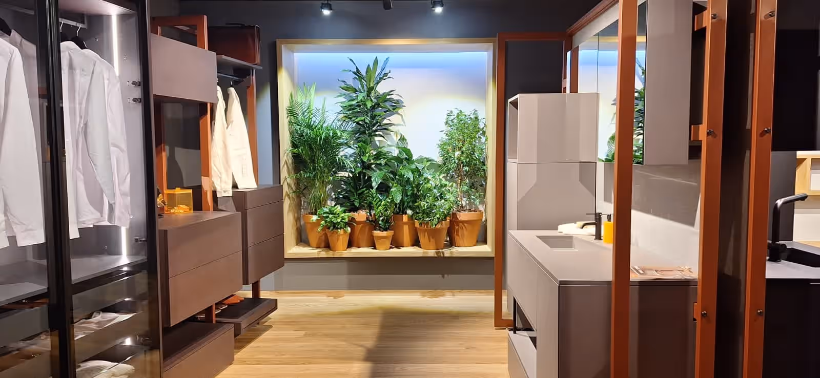 Nișă iluminată cu plante tropicale în ghivece de teracotă, într-un showroom de mobilier